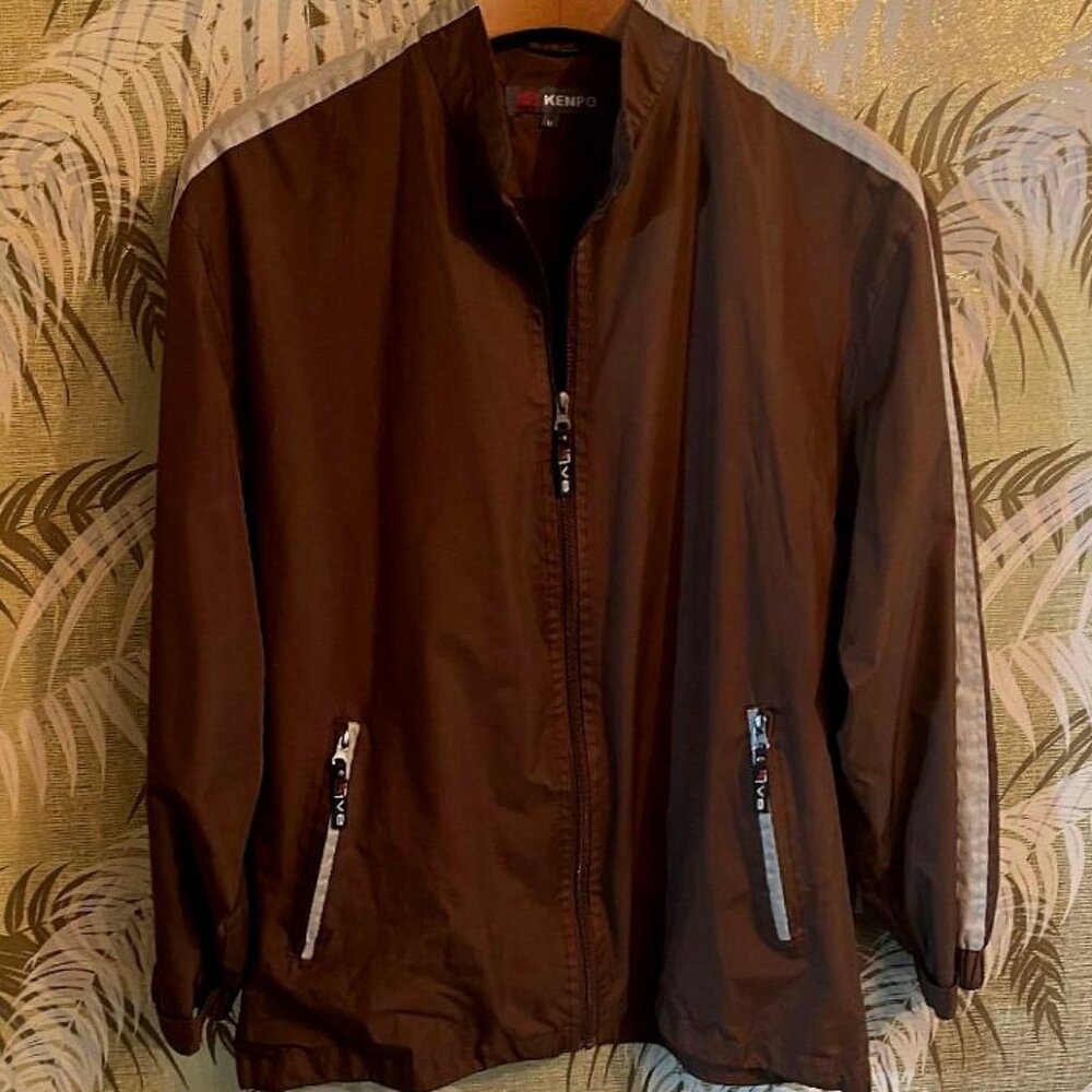 Kenpo Brown lightweight jacket ~ moto Racer striped Colorblock ~ Men's sz Med